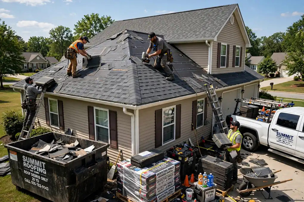 Equipo de reemplazo de techo trabajando en un hogar en Brea, CA