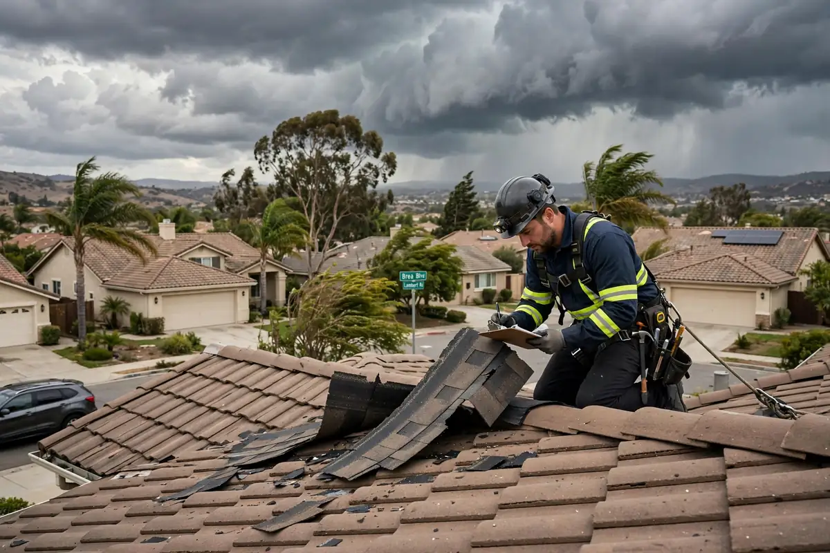 Techo dañado por tormenta en Brea, CA que necesita reemplazo