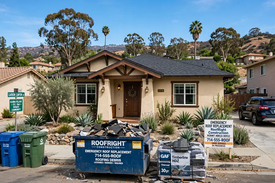 Reemplazo de techo de emergencia en Olinda Village, Brea, CA 92823