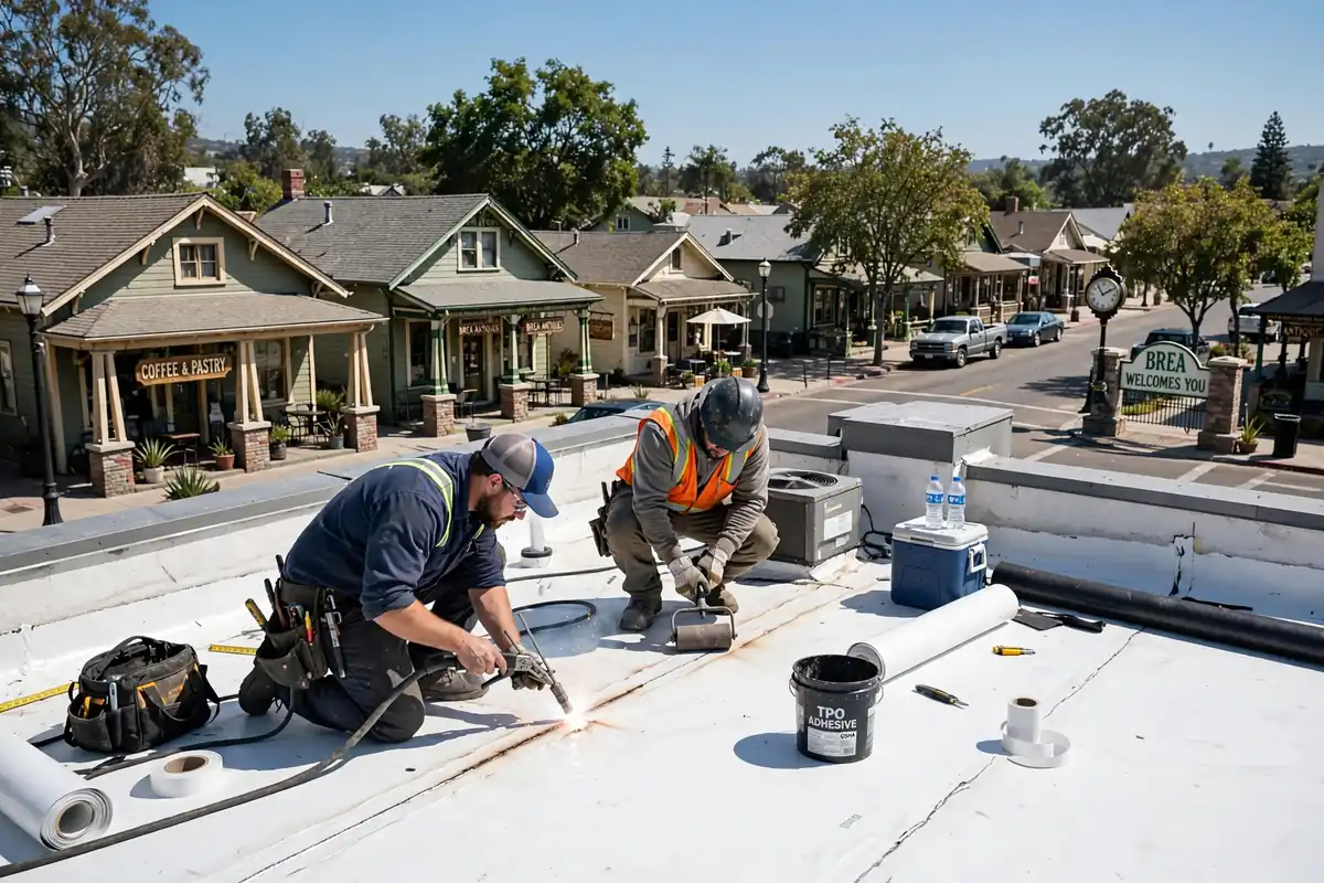 Reemplazo de techo plano (TPO y EPDM) en Downtown Brea, Brea, CA 92821