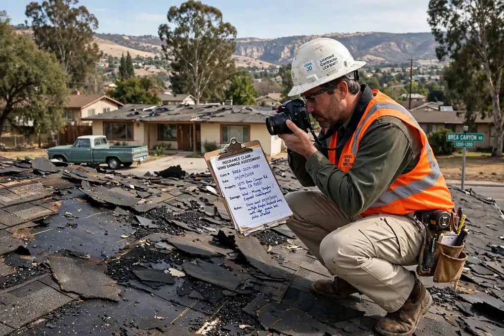 Reemplazo de techo por reclamo de seguro en Olinda Village, Brea, CA 92823