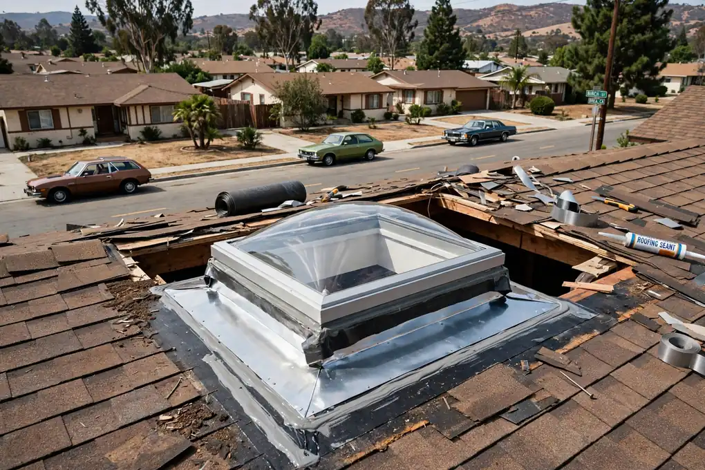 Reemplazo de tragaluz durante el retejado en Birch Hills, Brea, CA 92821