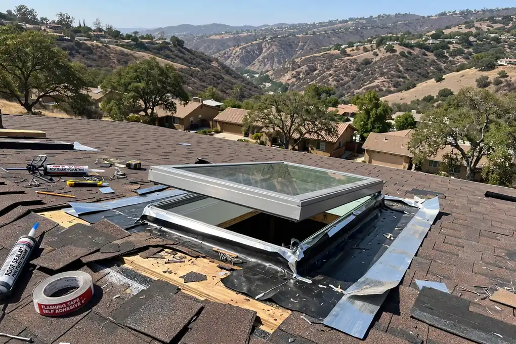 Reemplazo de tragaluz durante el retejado en Carbon Canyon, Brea, CA 92823
