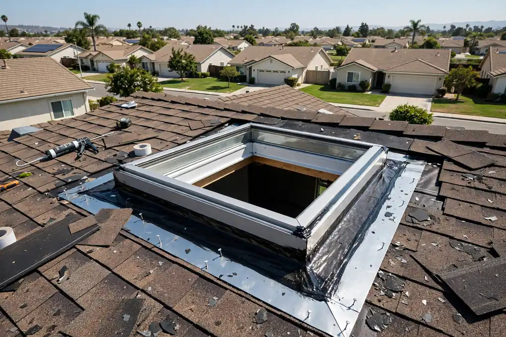 Reemplazo de tragaluz durante el retejado en Country Hills, Brea, CA 92821