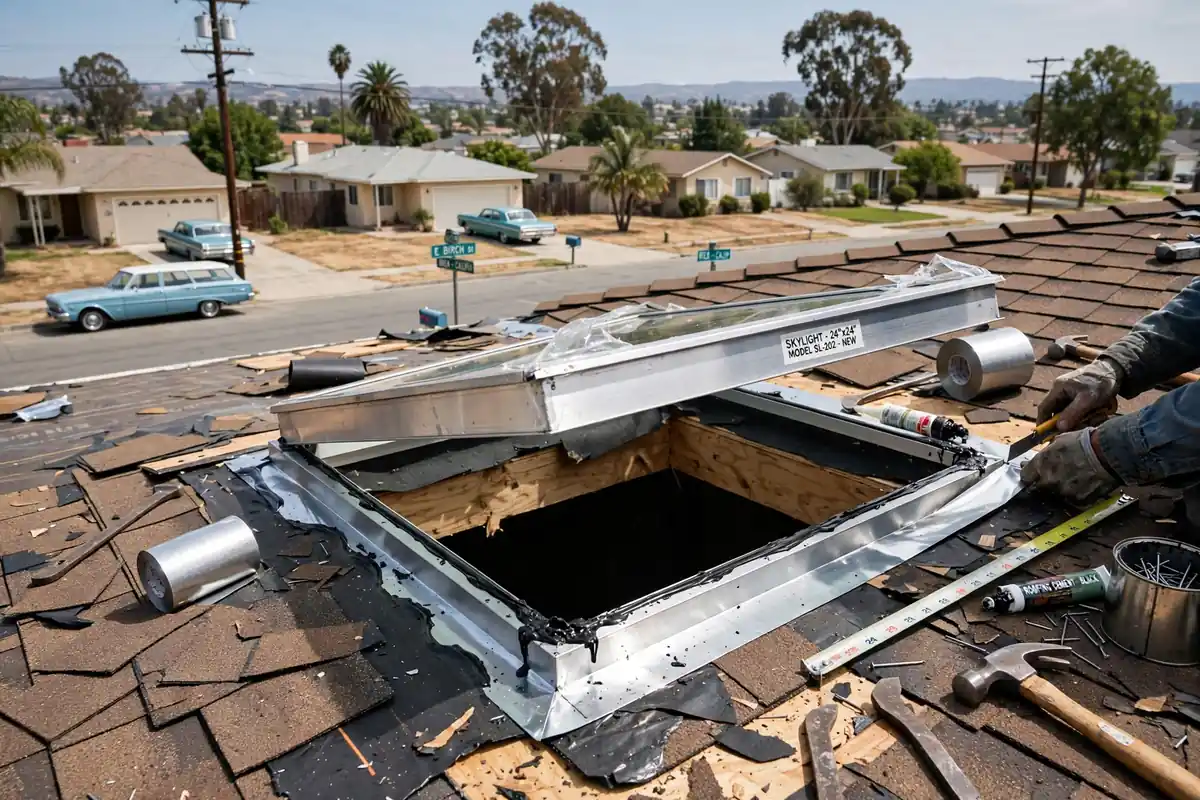 Reemplazo de tragaluz durante el retejado en Tamarack, Brea, CA 92821