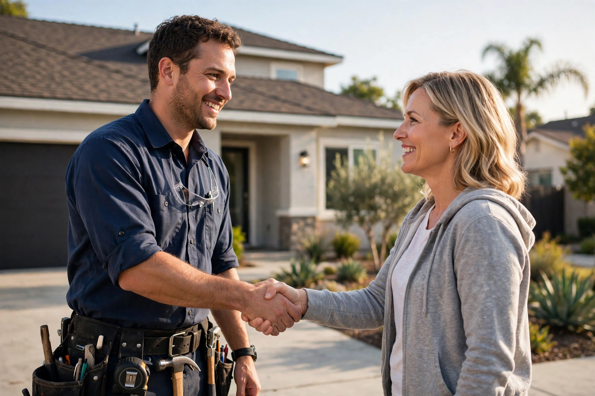 Roofing project manager shaking hands with a smiling homeowner in front of a Brea home with a brand-new shingle roof