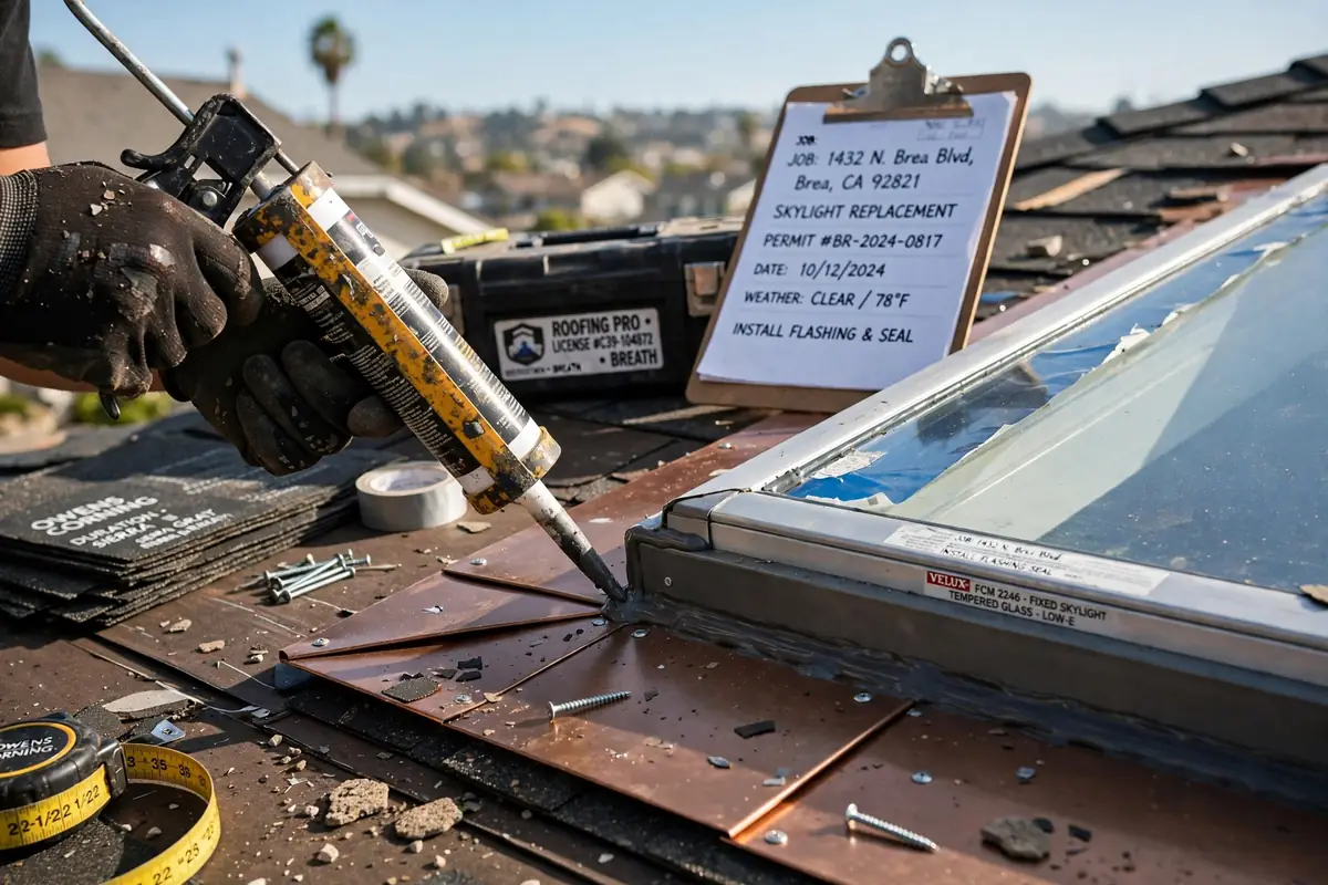 Reemplazo de tragaluz durante el retejado en Brea, CA — instalación profesional